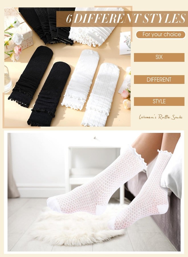 Chicingyou 12 Pairs Women's Ruffle Socks Lace Cotton Frilly Ankle Socks for Women White and Black Mesh Casual Crew Sock Christmas Gift - Image 4